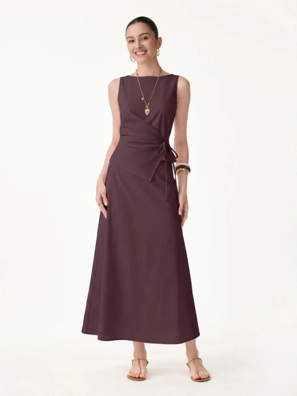 OGL 2Pcs Set Boatneck Waist-Defined Top & Maxi Flared Pull-On Skirt